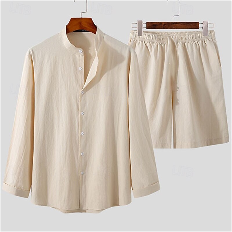 Men's Shirt Linen Shirt Casual Shirt Cotton Linen Shirt Button Up Shirt Plain Vacation Street Pink Purple Apricot Long Sleeve Stand Collar Spring Clothing Apparel Button-Down3