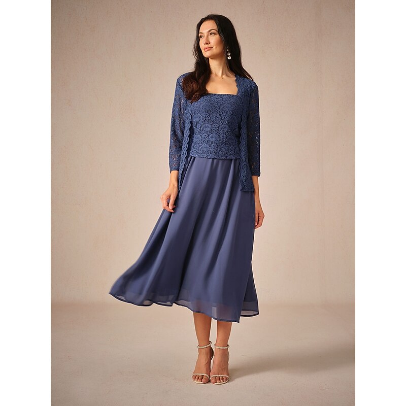 Women's Tea Length A Line Dress Dress With Jacket Elegant Semi Formal Wedding Guest Regular Fit Solid Color 3/4 Length Sleeve Square Neck Navy Blue Summer Spring Fall3