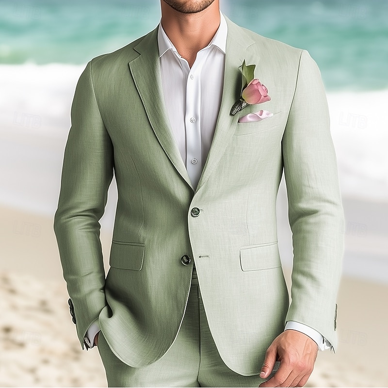 Men's Beach Wedding Linen Suits Notch Lapel Sage Fashion Casual Solid Colored Standard Fit 2 Piece Single Breasted Two-buttons2