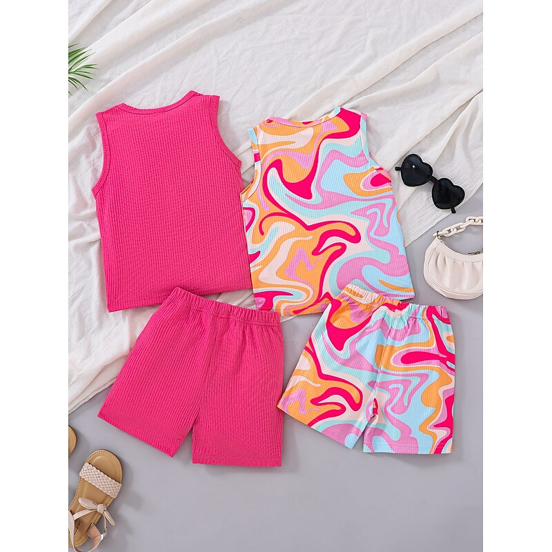 2 Pieces Kids Girls' Heart Crewneck Tank Top & Shorts Set Set Sleeveless Active Outdoor 4-7 Years Summer Pink2