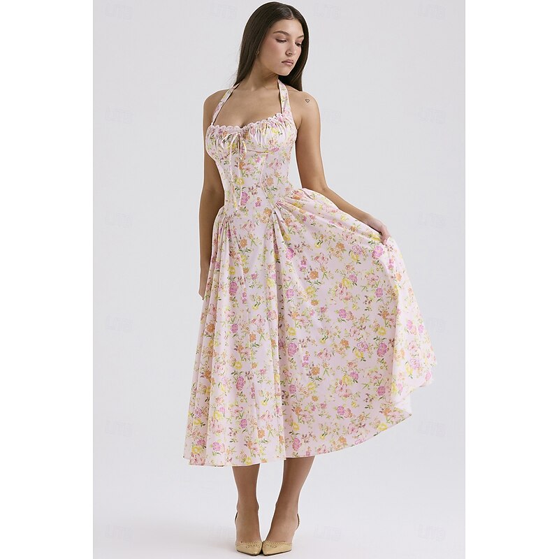 Retro Vintage Medieval Renaissance Midi Dress Flare Dress Halter Regency Inspired Floral Fancy Dress Women's Masquerade Wedding Vacation Casual Daily Adults' Dress Summer3
