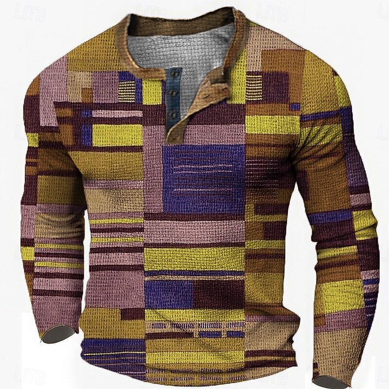 Men's Graphic Color Block Waffle Henley Shirt Casual Style Classic Style Long Sleeve 3D Print Fashion Designer Basic Outdoor Daily Spring &  Fall Yellow Red Blue Orange Green Henley Henley T-Shirt3