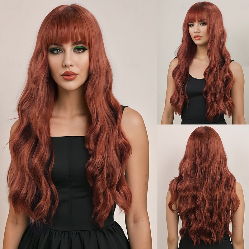 Women's A1 Synthetic Hair Wavy Curly Wig 28 inch Layered Haircut with Bangs Ombre Brown Machine Made Classic Comfortable