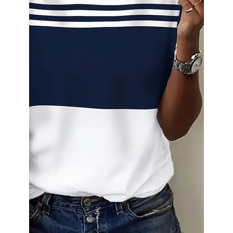 Women's T Shirt Graphic Striped Stylish Casual Short Sleeve Round Neck Regular Tops Daily Weekend Patchwork Print Navy Blue Summer Spring3