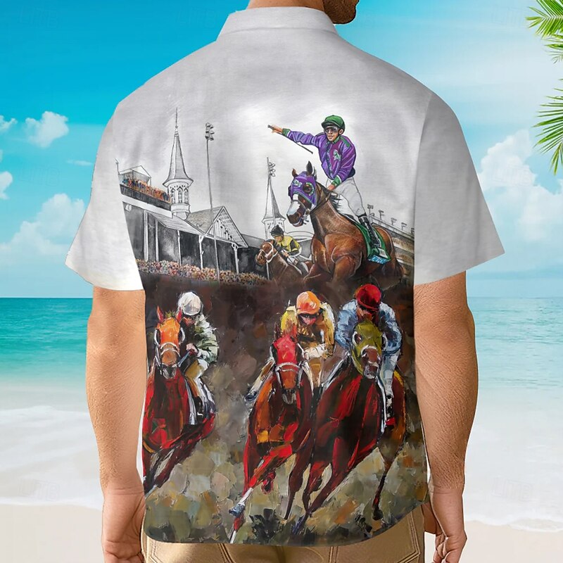 Kentucky Derby Men's Horse Racing Shirt Cuban Collar Shirt Short Sleeve Vintage Retro Vacation Holiday Festival Summer Spring Camp Collar Shirt 3D Print Funny Kentucky Derby Shirts Gray3