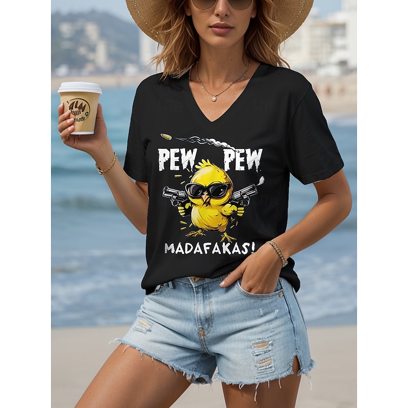 Women's Blouse Graphic Animal Cartoon Casual Short Sleeve V Neck Regular Tops Daily Going out Beach Wear Print Black White Summer