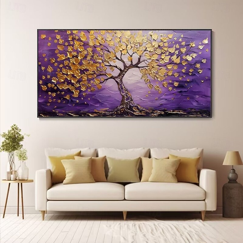 Hand painted Purple Background Gold Leaf Tree Oil Painting Abstract Textured gold tree paintings Artwork paintings for  Living Room Wall Decor Studio Fine Decor Housewarming Gift4