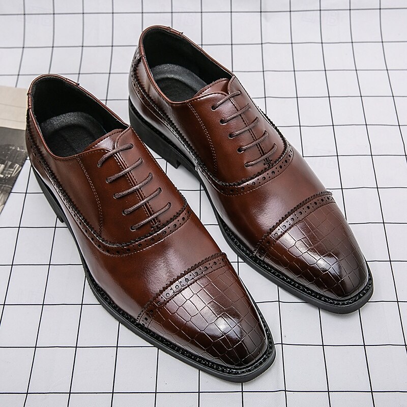 Elegant Brown Faux Leather Dress Shoes with Brogue Detailing for Professional and Business Settings2