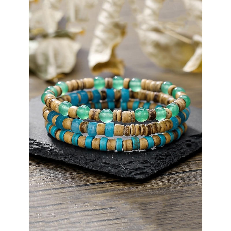 Handmade Natural Stone Beaded Bracelet Set for Men – Boho Surfer Style Wooden & Turquoise Wrap Bracelet, Adjustable Tribal Jewelry for Beach, Travel & Casual Wear2