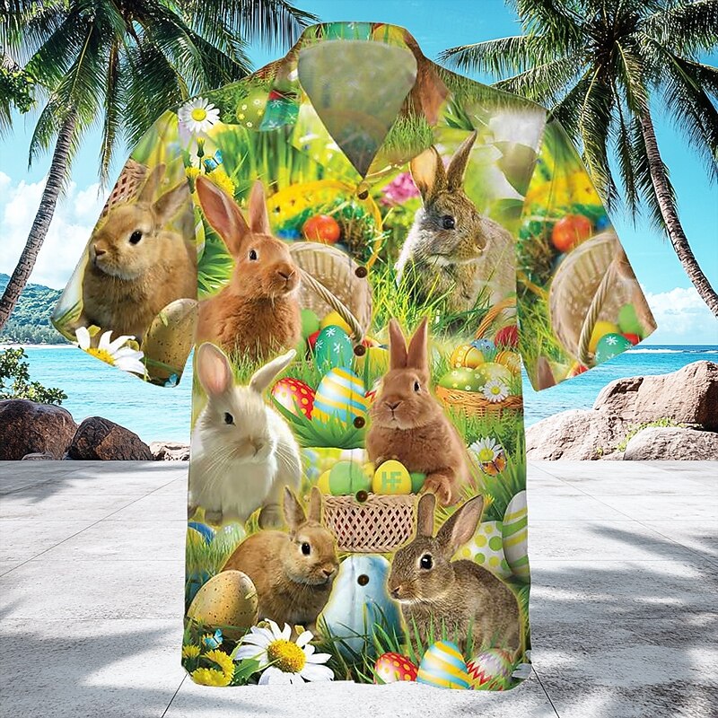 Easter Men's Bunny Easter Egg Shirt Cuban Collar Shirt Button Up Shirt Short Sleeve Vintage Retro Holiday Festival Summer Spring Camp Collar Shirt 3D Print Green