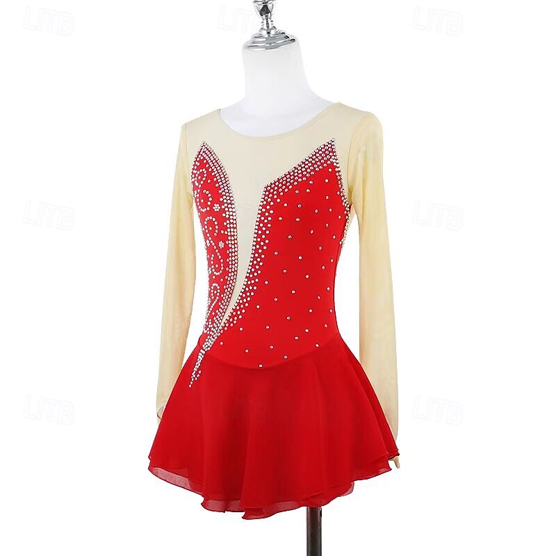 Figure Skating Dress Women's Girls' Ice Skating Dress Red Patchwork Open Back Mesh Spandex Stretchy Training Practice Professional Skating Wear Thermal Warm Crystal / Rhinestone Long Sleeve Ice3