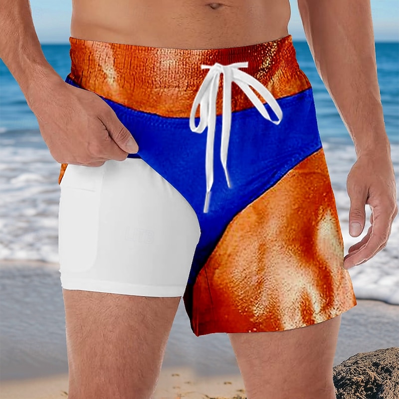 Men's Color Block Funny Costume Lined Shorts 2 in 1 Board Shorts Swim Shorts Mid Waist Hawaiian Vacation Beach Wear Side Pockets With Compression Liner Elastic Drawstring Waist Designer Clothing2