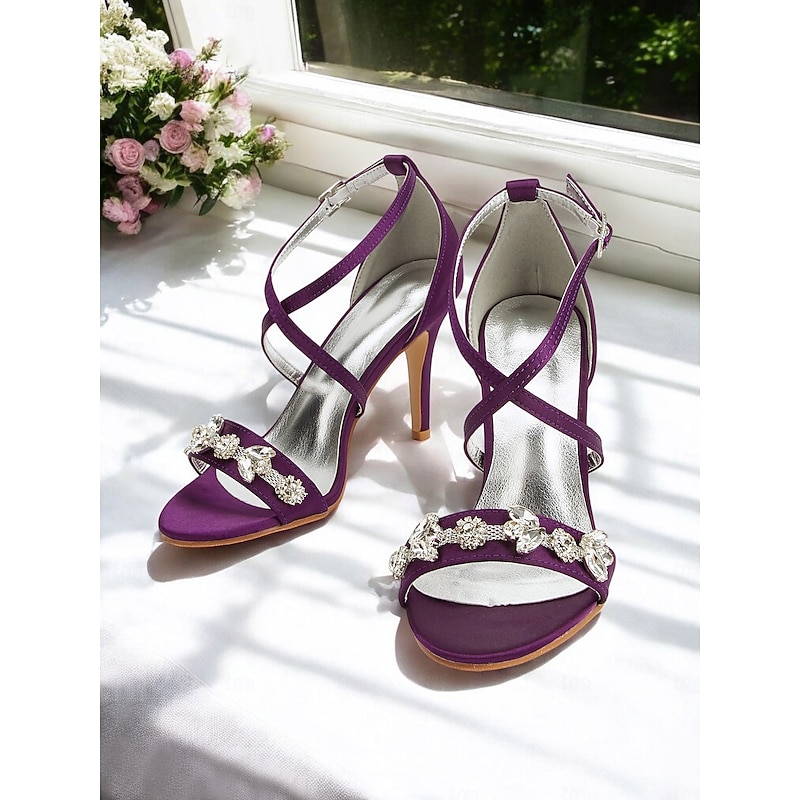 Women's Purple Satin Stiletto Heels with Rhinestone Straps – Elegant Cocktail Party Sandals4
