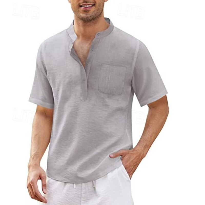 Men's Shirt Summer Shirt Casual Shirt Beach Shirt Button Up Shirt Black White Blue Deep Blue Army Green Short Sleeve Plain Standing Collar Vacation Hawaiian Pocket Clothing Apparel Polyester Fashion4