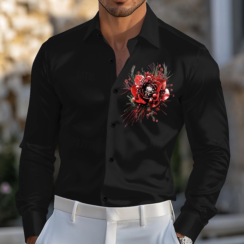 Kentucky Derby Men's Floral Print Rose Satin Shirt Dress Shirt Button Up Shirt Long Sleeve Fashion Casual Wedding Vacation Evening Party Summer Spring Turndown Collared Shirts 3D Print Funny Kentucky