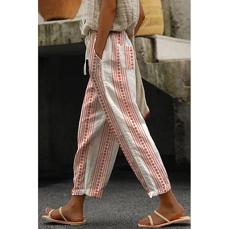 Women's Linen-Inspired Pants Slacks Streetwear Casual Full Length Natural Floral Plain Striped Pocket Printing Elastic Drawstring Design Comfy Outdoor Daily Wear Going out Magenta Red Walnut White4