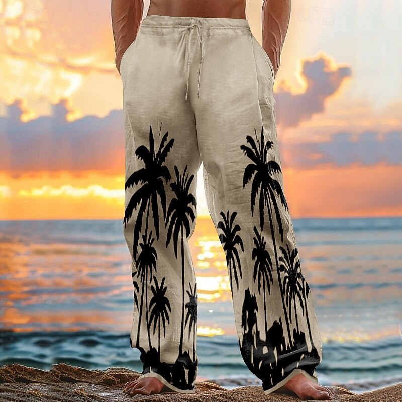 Men's Linen Pants Trousers Summer Pants Baggy Pants Beach Pants Drawstring Elastic Waist Straight Leg Coconut Tree Comfort Breathable Full Length Casual Daily Holiday Vacation Fashion Black White3