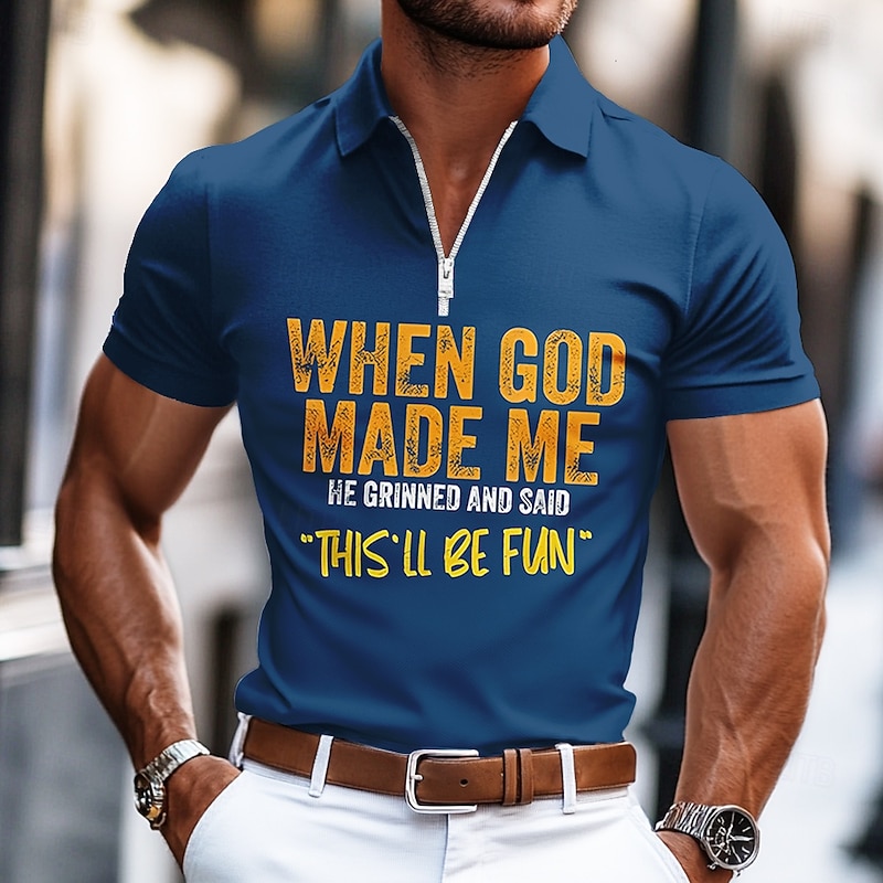 Men's Short Sleeve Graphic Polo Shirt - Funny Lifestyle Quote: 'When God Made Me This'll Be Fun' - Main Image