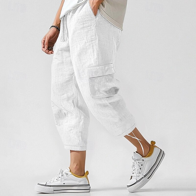 Men's Cargo Pants Linen Pants Trousers Summer Pants Beach Pants Drawstring Elastic Waist Multi Pocket Plain Comfort Breathable Ankle-Length Casual Daily Holiday Fashion Classic Style Black White4
