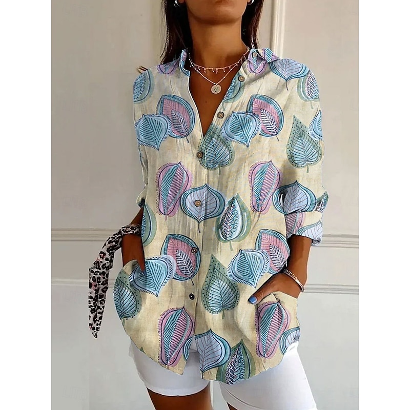 Women's Shirt Button Down Tunic Shirt Collar Long Sleeve Floral Graphic Casual Regular Tops Work Daily s Print Yellow Blue Green Spring Fall Winter3