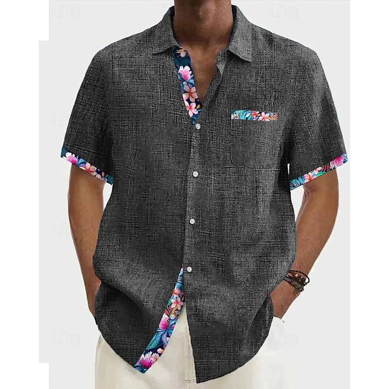 Men's Shirt Summer Shirt Casual Shirt Beach Shirt Button Up Shirt Blue Dark Gray Short Sleeve Floral Print Shirt Collar Vacation Hawaiian Clothing Apparel Polyester Fashion Casual Comfortable4