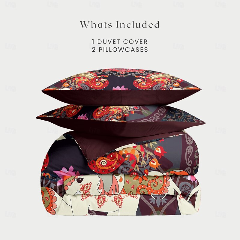 Bohemian Duvet Cover Set 100% Cotton Soft and Breathable Bedding Featuring Elephant Paisely Prints Lightweight and Durable Quilt Cover Comfortable for All Seasons Easy to Care2