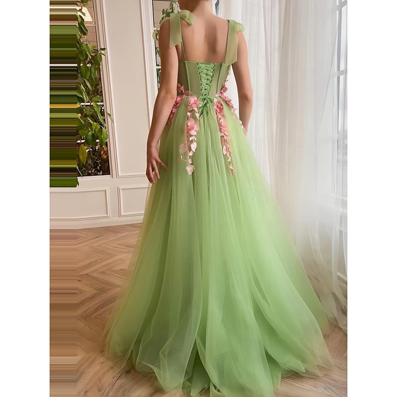 A-Line Prom Dresses Floral Embroidery Lace Corset Dress Semi Formal Wedding Guest Floor Length Sleeveless Tulle3