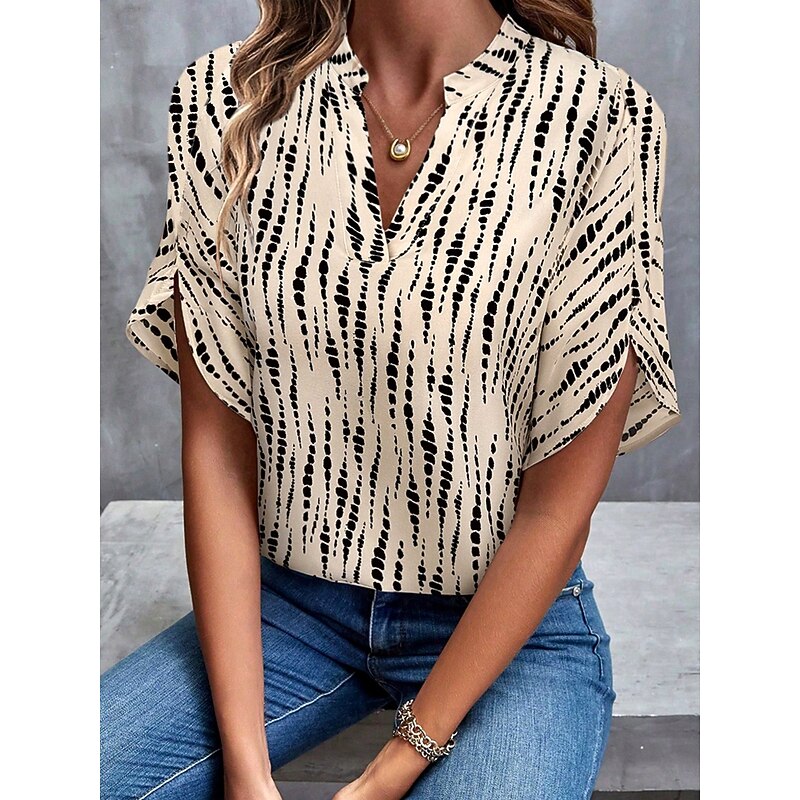 Women's Blouse V Neck Polka Dot Striped Elegant Stylish Beach Short Sleeve Notched Neck Regular Tops Daily Print Khaki Summer - Main Image