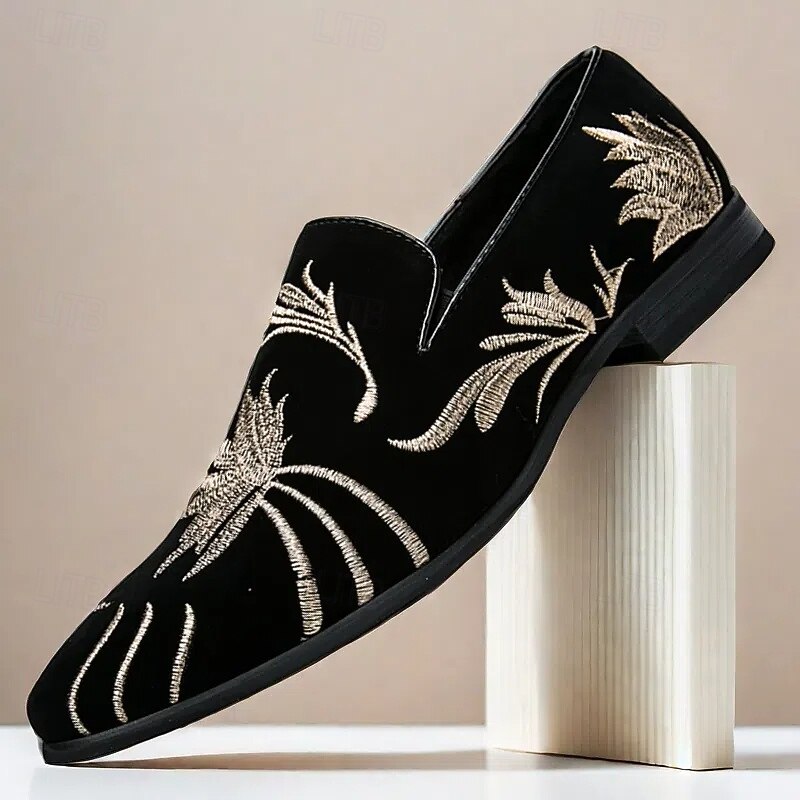 Men's Prom Shoes - Black Velvet Loafers with Golden Embroidered Wheat Motif for Formal Occasions
