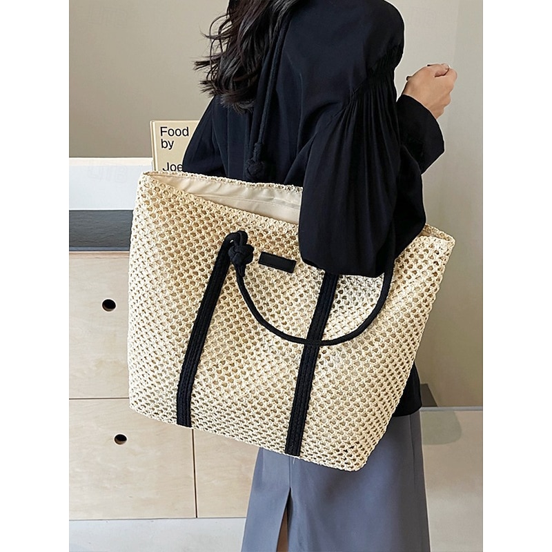 Women's Handmade Straw Tote Bag – Bohemian Woven Beach Handbag with Wooden Beaded Handles, Summer Vacation Shoulder Bag for Travel, Shopping & Casual Outings3