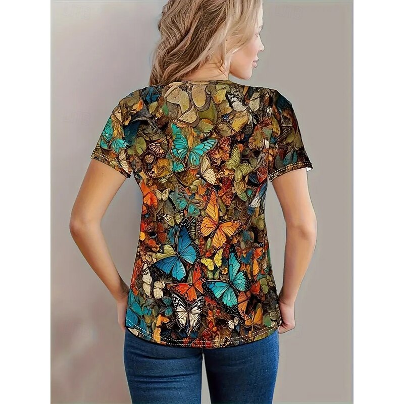 Women's T Shirt Summer Tops Butterfly 3D Classic Casual Short Sleeve Crew Neck Crop Tops Daily Weekend Print Rainbow Summer Spring Fall2