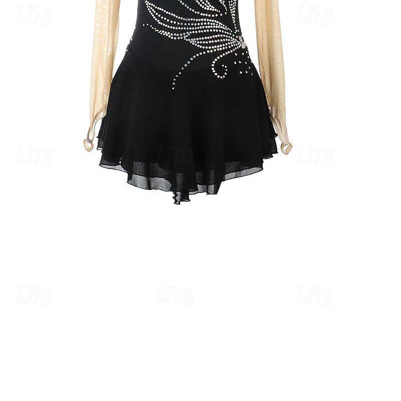 Figure Skating Dress Women's Girls' Ice Skating Dress Black Patchwork Open Back Mesh Spandex Stretchy Training Practice Professional Skating Wear Thermal Warm Crystal / Rhinestone Long Sleeve Ice4