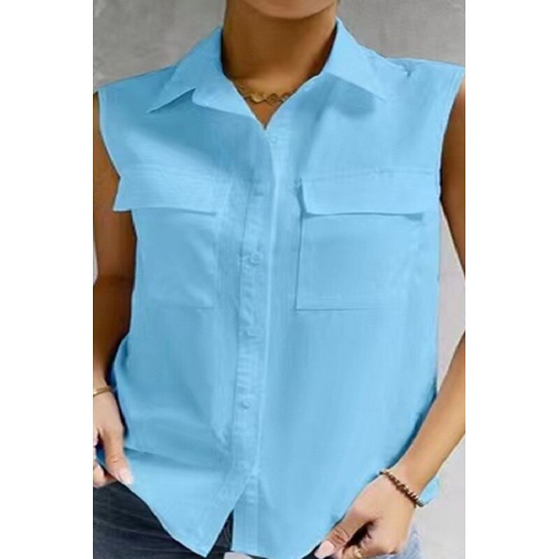 Women's Shirt Button Up Blouse Plain Basic Modern Casual Sleeveless Shirt Collar Regular Tops Daily Going out Buttons Pocket Black White Light Blue Summer4
