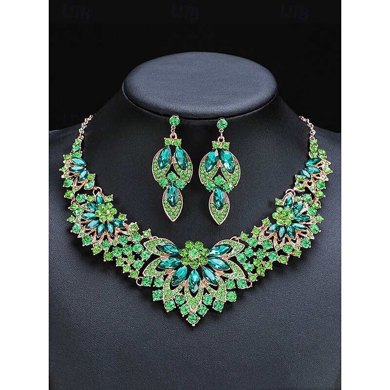 Elegant Green Crystal Jewelry Set – Statement Necklace & Earrings for Women, Luxury Wedding & Party Accessories3