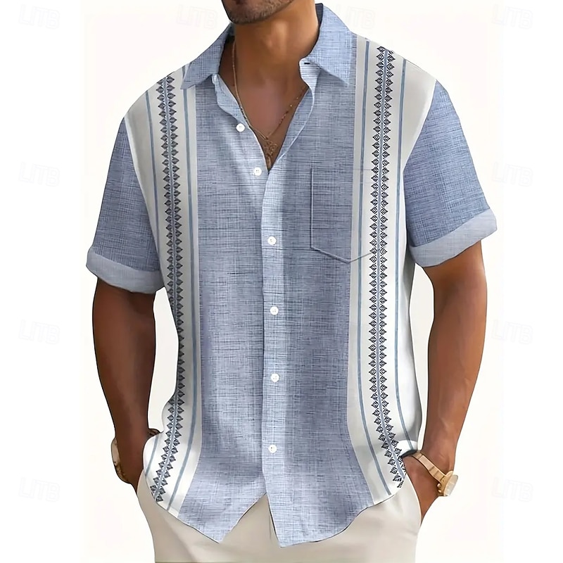 Men's Geometric Striped Shirt Casual Shirt Button Up Shirt Short Sleeve Fashion Casual Vacation Holiday Streetwear Summer Turndown 3D Print Collared Shirts Front One Pocket Light Purple Green2