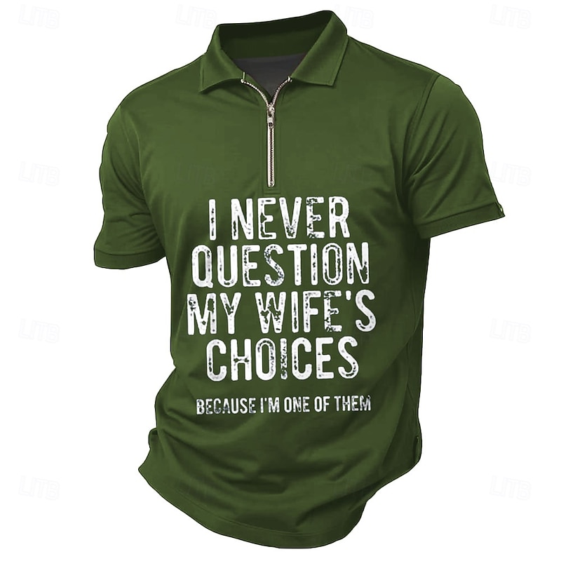 Men's Text Zip Polo Shirts Short Sleeve Polo Shirts Collared Shirts Casual Outdoor Athleisure 3D Print Summer Black Red Dark Green - Main Image