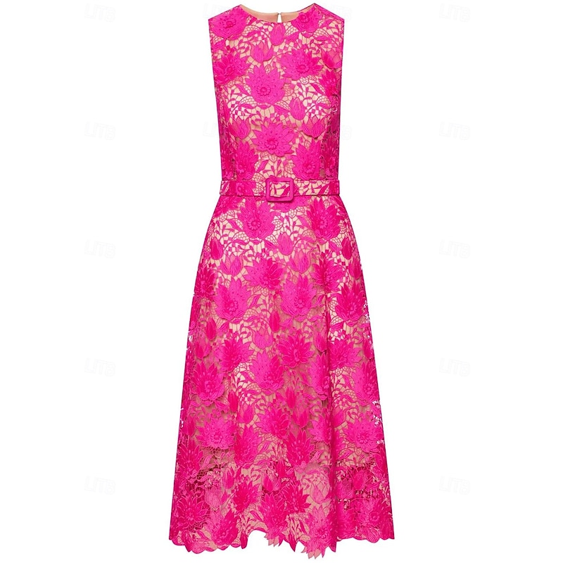 A-Line Cocktail Dresses Elegant Dress Formal Wedding Tea Length Sleeveless Crew Neck Belt / Sash Lace with Embroidery4