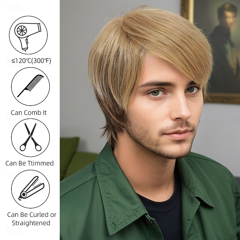 Synthetic Wig Wavy Curly Weave Asymmetrical Deep Parting Machine Made Wig 10 inch A1 Synthetic Hair Men's Classic Comfortable Color Gradient Multi-color2