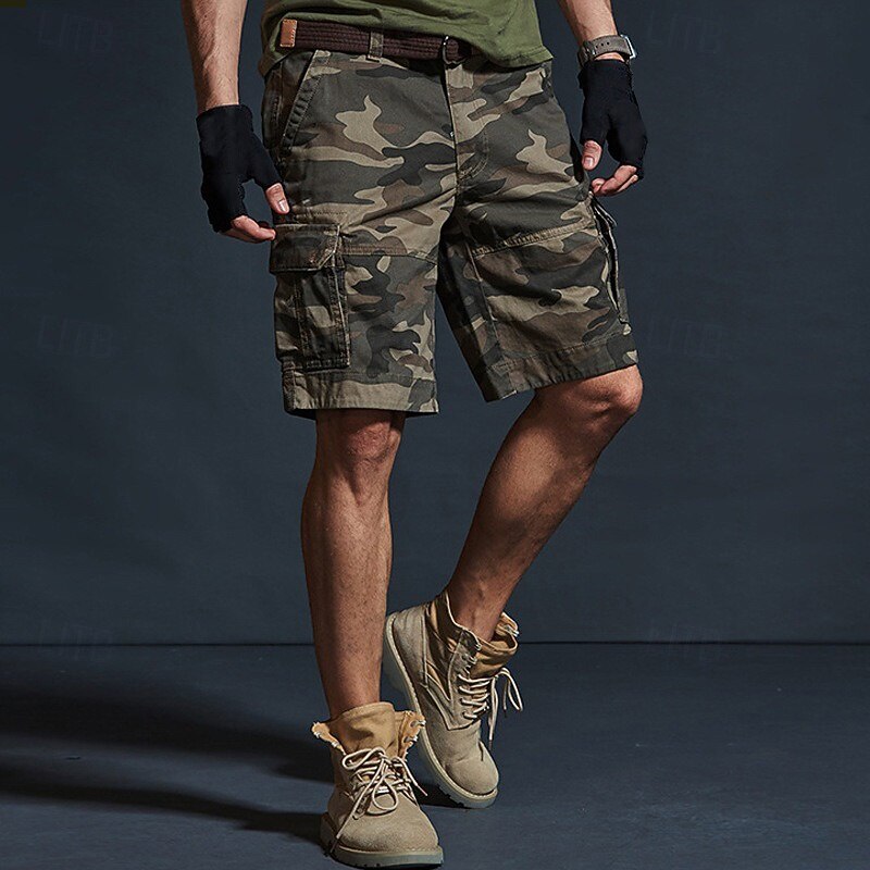 Men's Cargo Shorts Camo Shorts Shorts Summer Shorts Multi Pocket Flap Pocket Camo Plain Camouflage Comfort Wearable Knee Length Outdoor Sport Daily Fashion Casual Black Yellow2