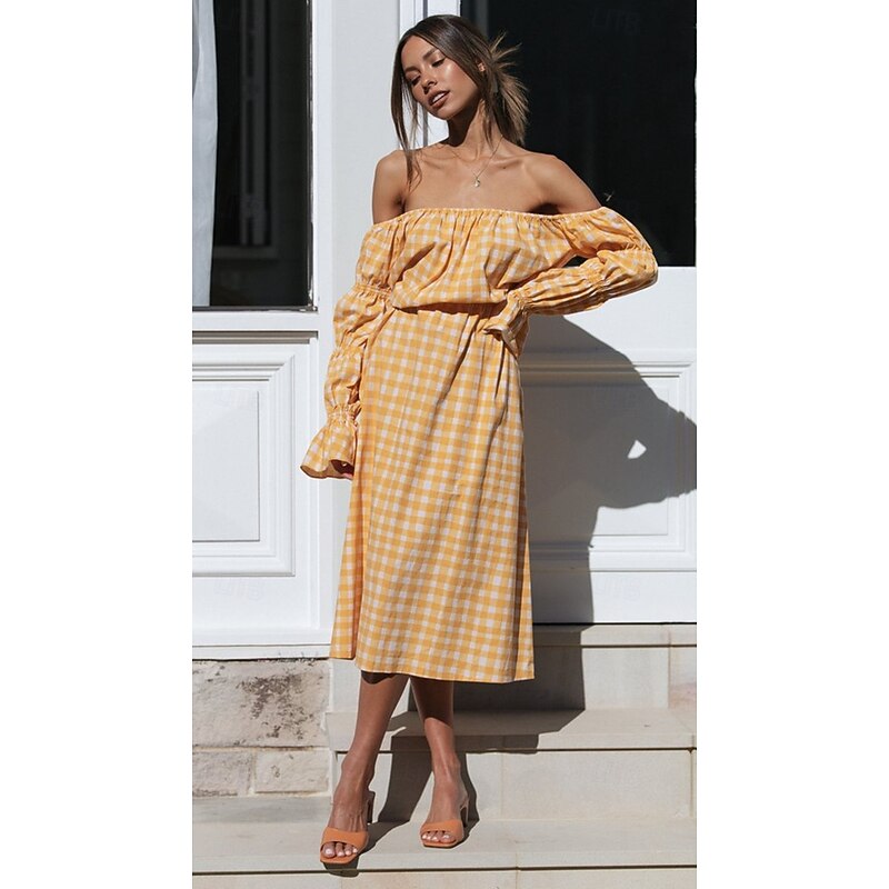 Retro Vintage Medieval Renaissance Midi Dress Puff Sleeve Off Shoulder Regency Inspired Checkered / Gingham Fancy Dress Women's Masquerade Wedding Vacation Casual Daily Adults' Dress4