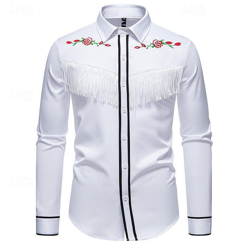 Men's Shirt Summer Shirt Casual Shirt Beach Shirt Button Up Shirt Black White Long Sleeve Floral Lapel Vacation Hawaiian Tassel Fringe Clothing Apparel Polyester Fashion Casual Comfortable