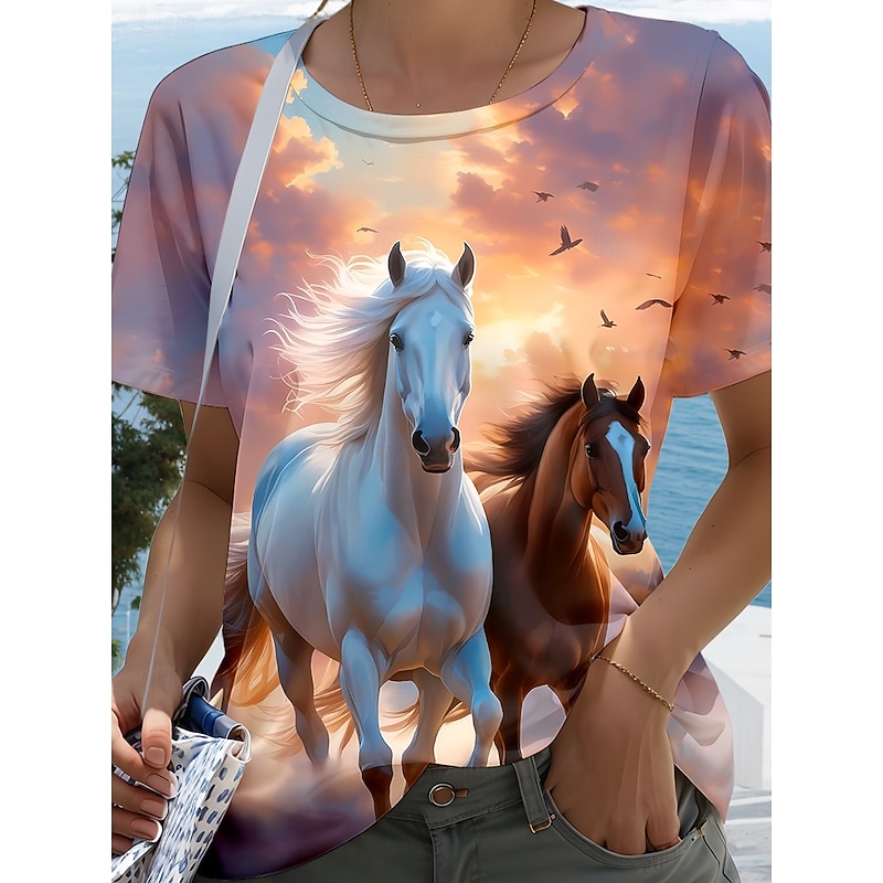 Kentucky Derby Women's T Shirt Graphic Animal Horse Stylish Casual Short Sleeve Round Neck Regular Tops Daily Weekend Print Rainbow Summer Spring3