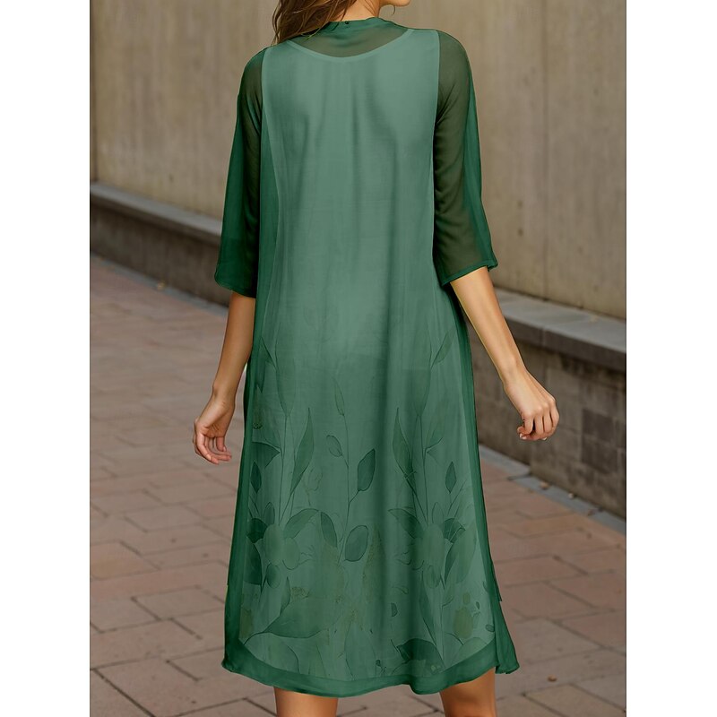 Women's Graduation Midi Dress 2 Pieces Dress Set A Line Dress Summer Dress Vacation Casual Floral Graphic Pleated Print Half Sleeve Crew Neck Vacation Daily Army Green Spring Fall Loose Fit2