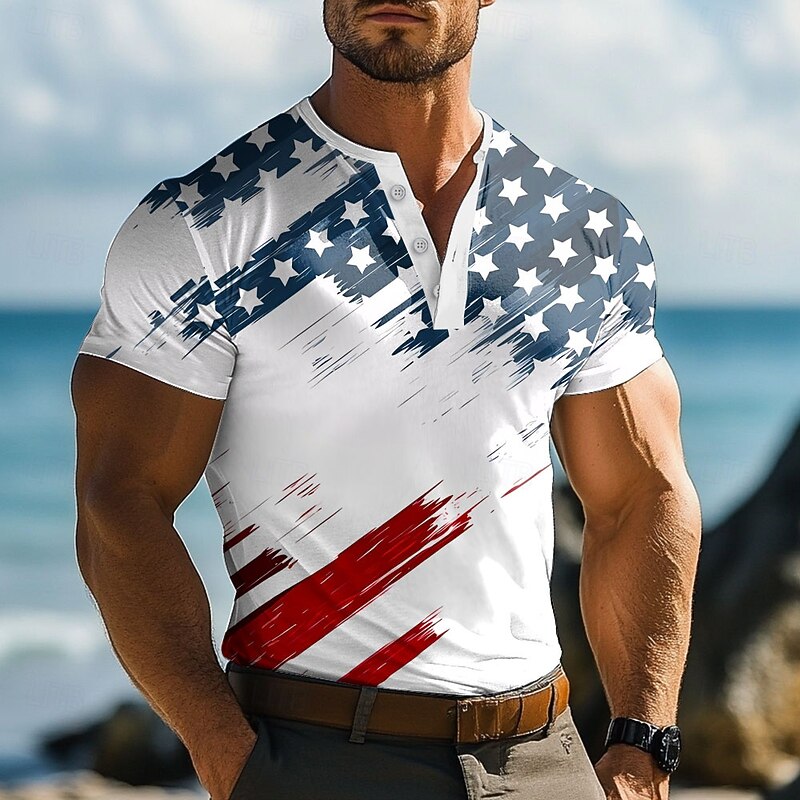 Men's American US Flag T Shirt Henley Shirt Short Sleeve Designer Retro Vintage Street Casual Daily Summer Spring White Henley Henley T-Shirt