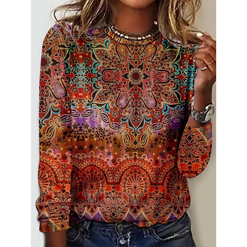 Women's T Shirt Floral Tribal Fashion Modern Long Sleeve Crew Neck Regular Tops Daily Print Orange Brown Gray Summer3