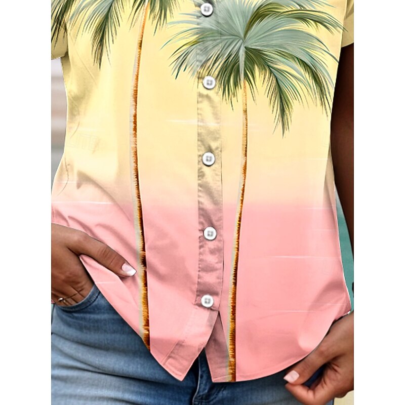 Women's Shirt V Neck Button Down Blouse Summer Tops Ombre Graphic Tree Tropical Daily Hawaiian Short Sleeve Shirt Collar Regular Tops Daily Buttons Print Yellow Summer4