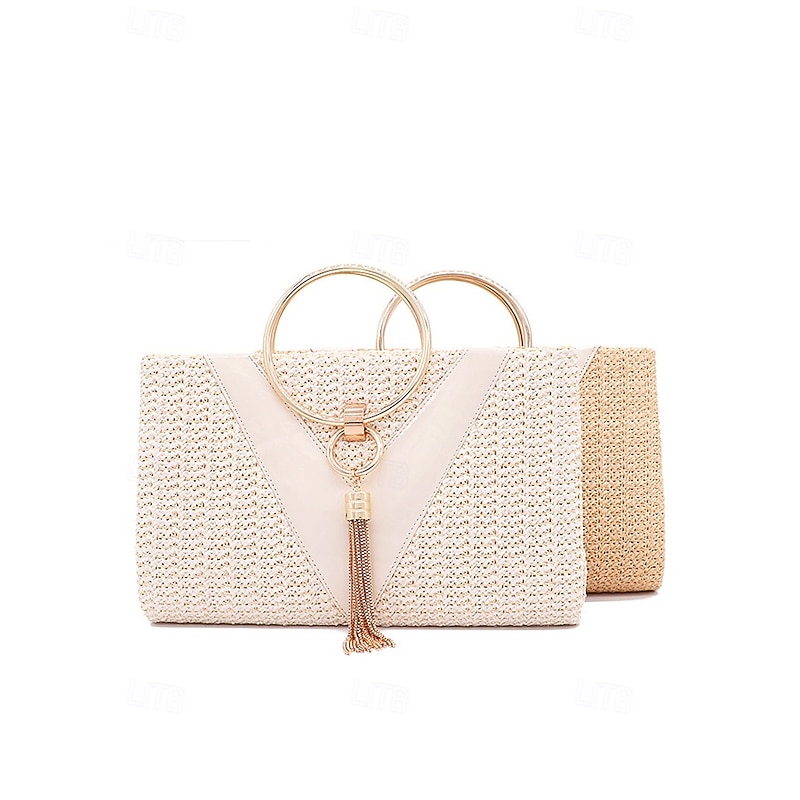 Women's Straw Clutch Purse – Elegant Woven Handbag with Gold Ring Handle & Tassel, Boho Chic Evening Bag for Summer, Beach, Vacation, Wedding & Party3