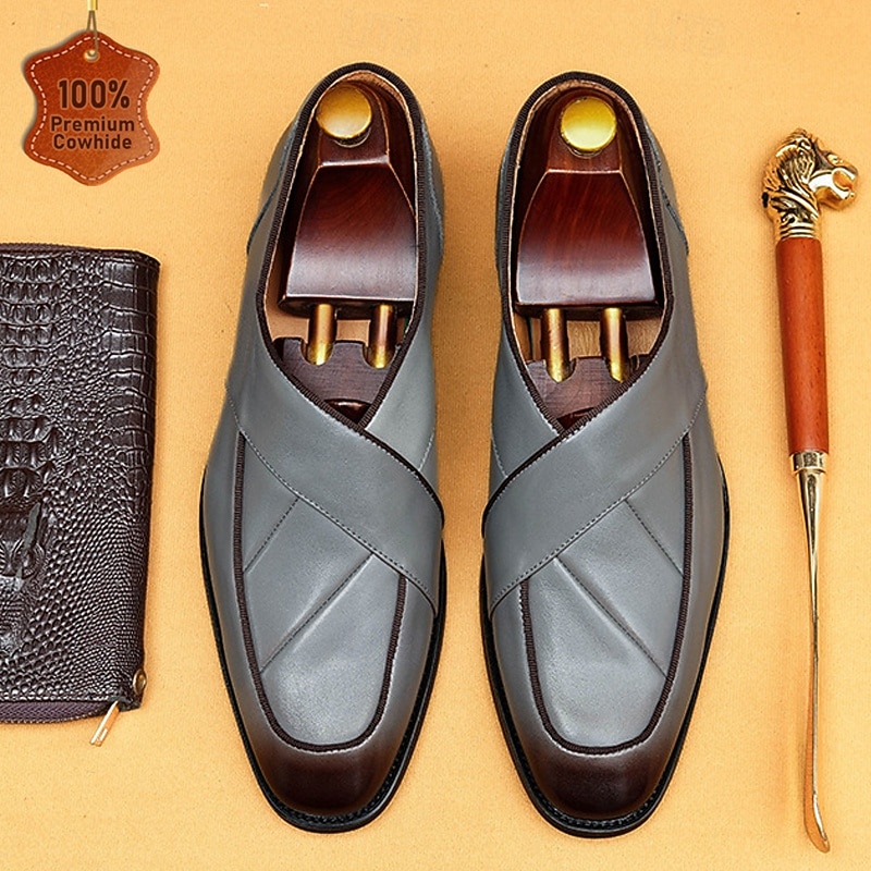 Men's Handmade Leather Loafers - Gray Cross Strap Slip-On Dress Shoes for Kentucky Derby, Business & Formal Events