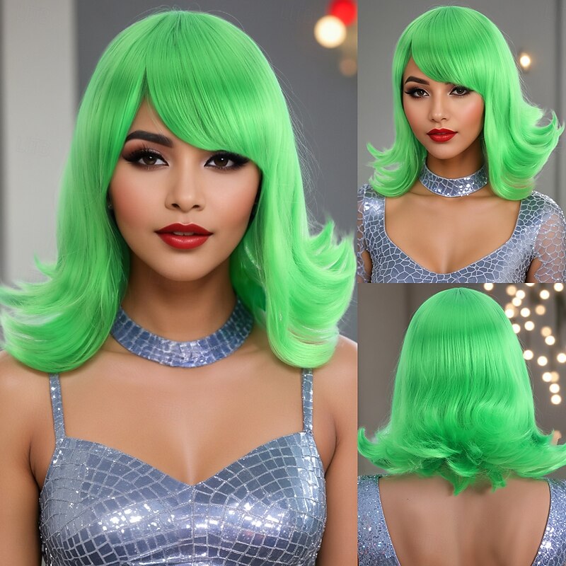Synthetic Wig Wavy Curly Weave Side Part Asymmetrical Machine Made Wig 30 inch A1 Synthetic Hair Women's Classic Comfortable Color Gradient Green