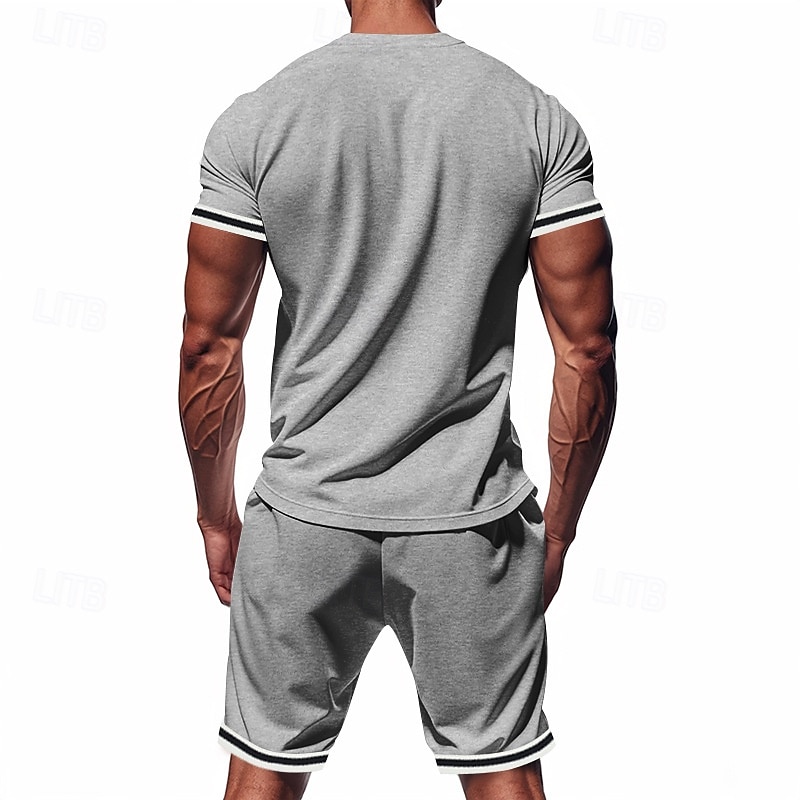 Men's T-shirt Suits 2 Pieces Outfits Tee & Shorts Short Sleeve Standing Collar Summer Striped Fashion Casual 2 Piece Vacation Daily Wear Going out Black Red Dark Navy Top Tee for Men2